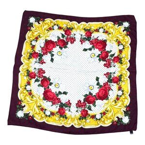 Ratti Italian Floral Silk Scarf 33.5" Red Roses & Gold Baroque Design Italy VTG